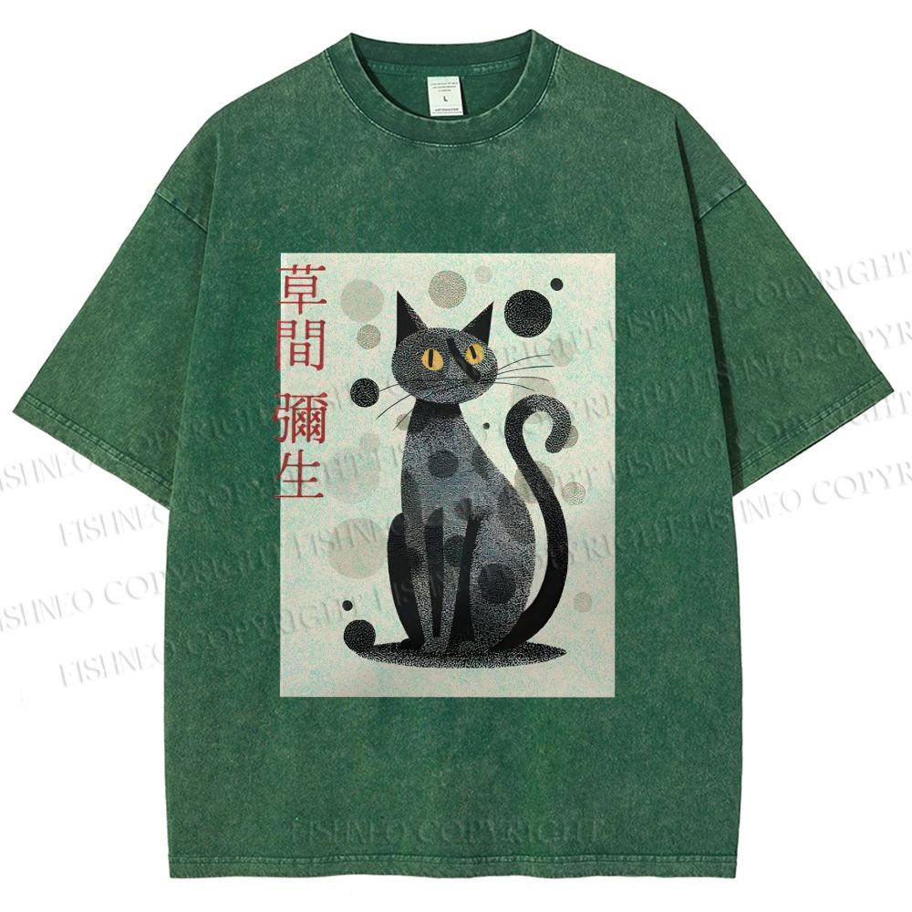 Unisex Yayoi Kusama Black Cat Printed Washed Tee