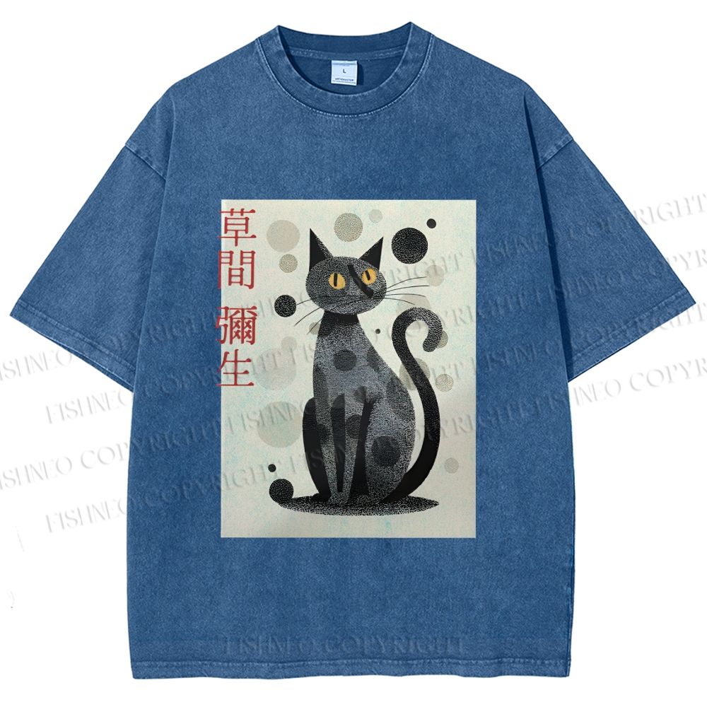 Unisex Yayoi Kusama Black Cat Printed Washed Tee