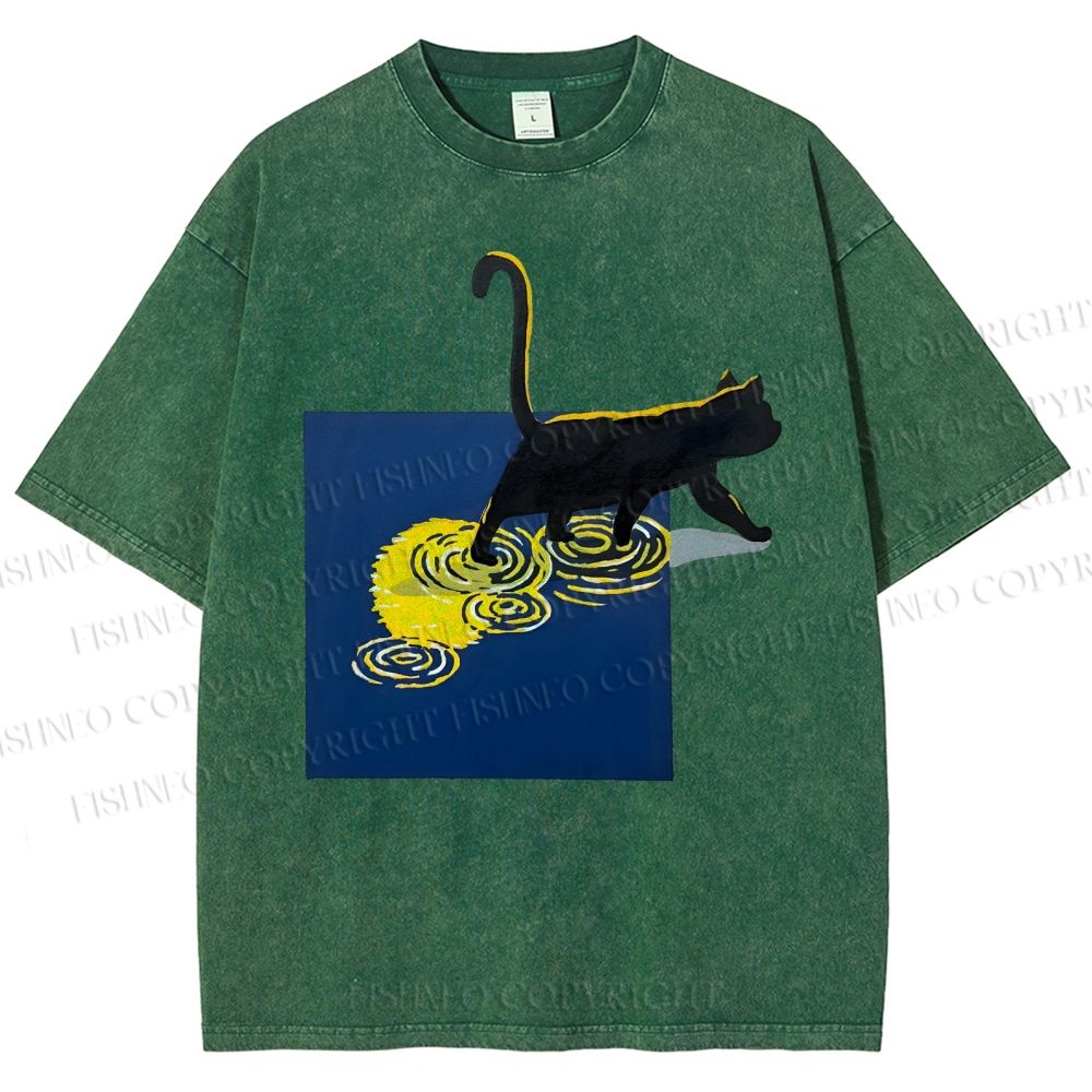 Unisex Shadow Walker Cat Printed Washed Tee