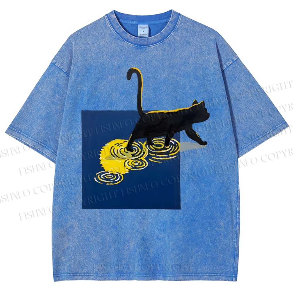 Unisex Shadow Walker Cat Printed Washed Tee