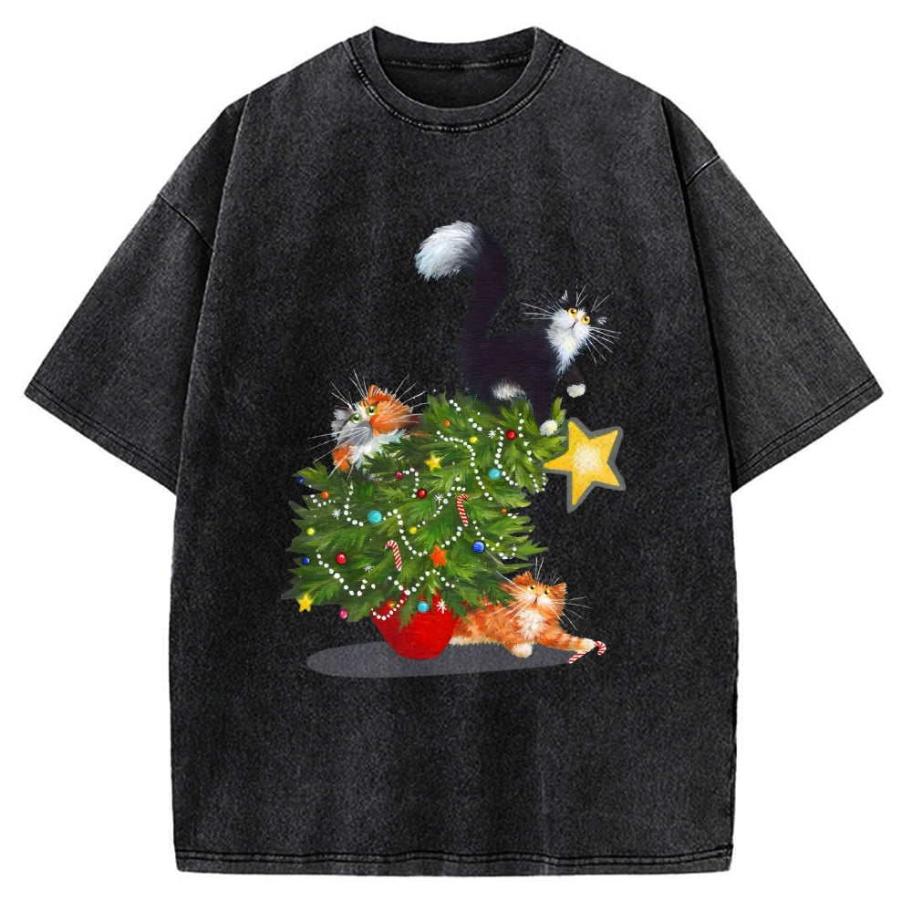 Cat Christmas Funny Vintage Washed T-shirt