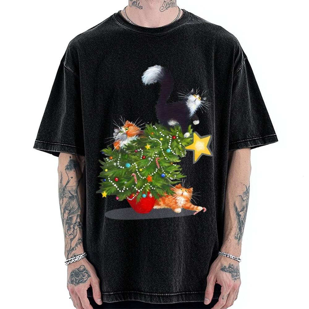 Cat Christmas Funny Vintage Washed T-shirt