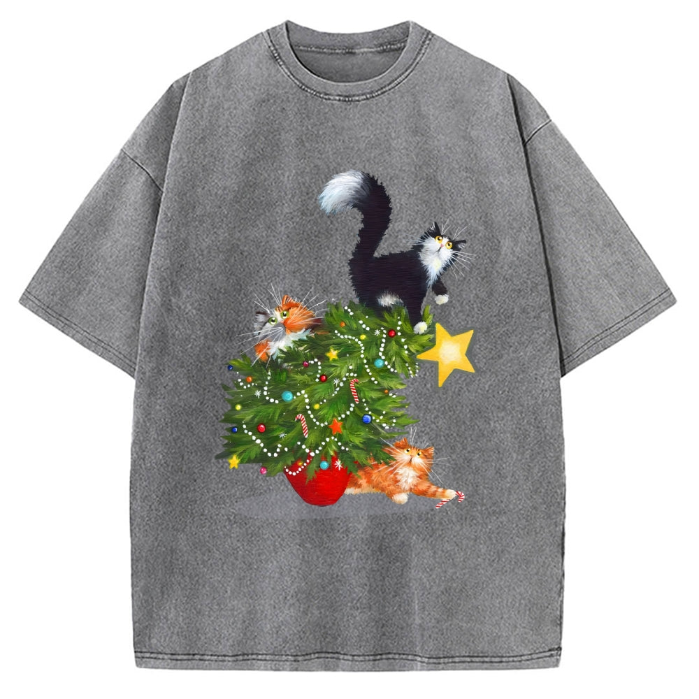 Cat Christmas Funny Vintage Washed T-shirt