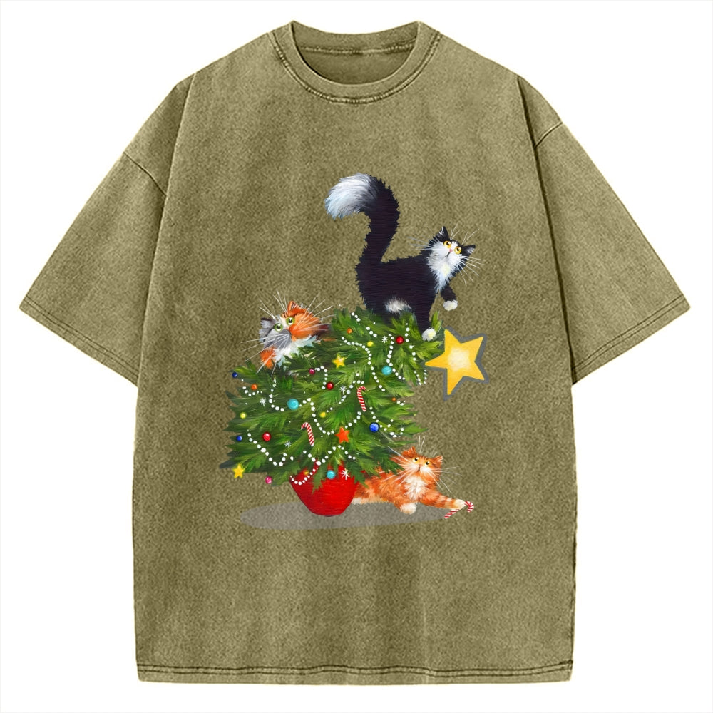 Cat Christmas Funny Vintage Washed T-shirt