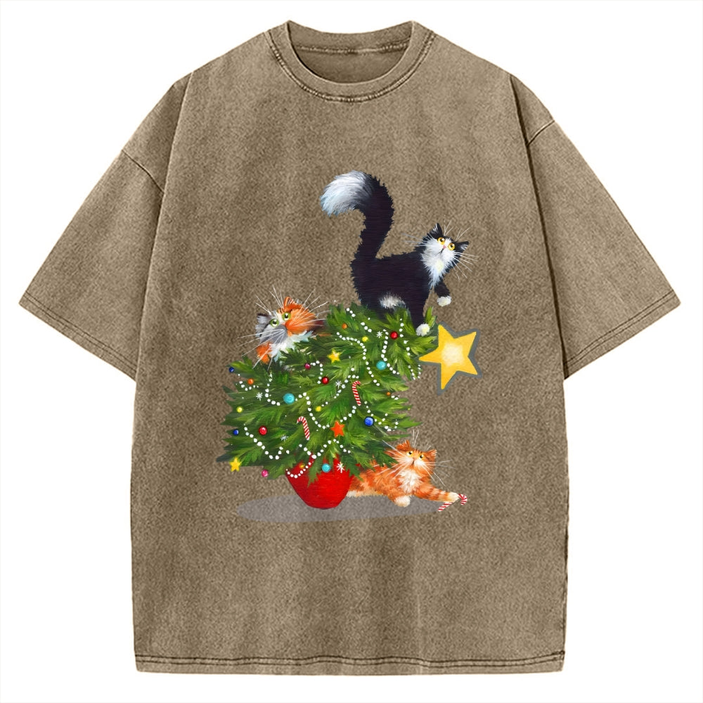 Cat Christmas Funny Vintage Washed T-shirt
