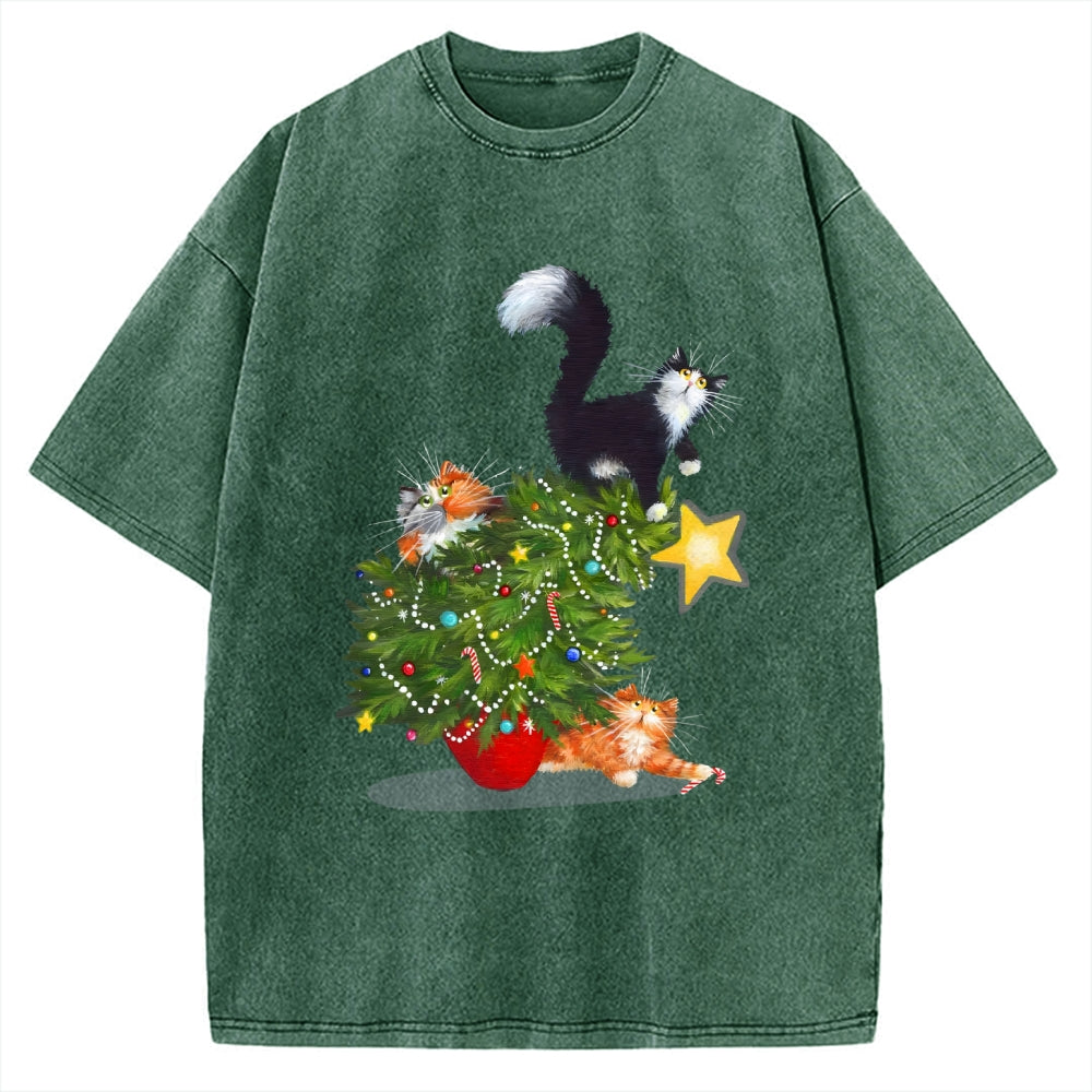 Cat Christmas Funny Vintage Washed T-shirt