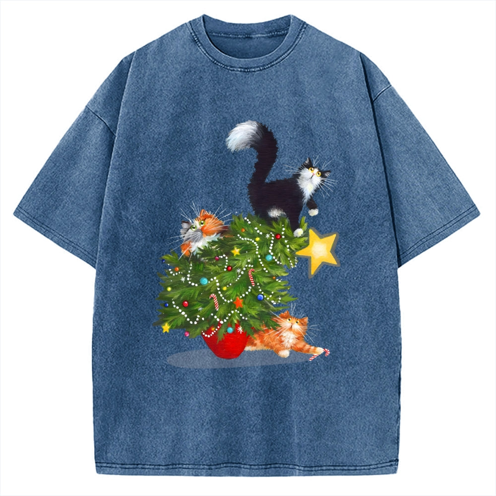 Cat Christmas Funny Vintage Washed T-shirt