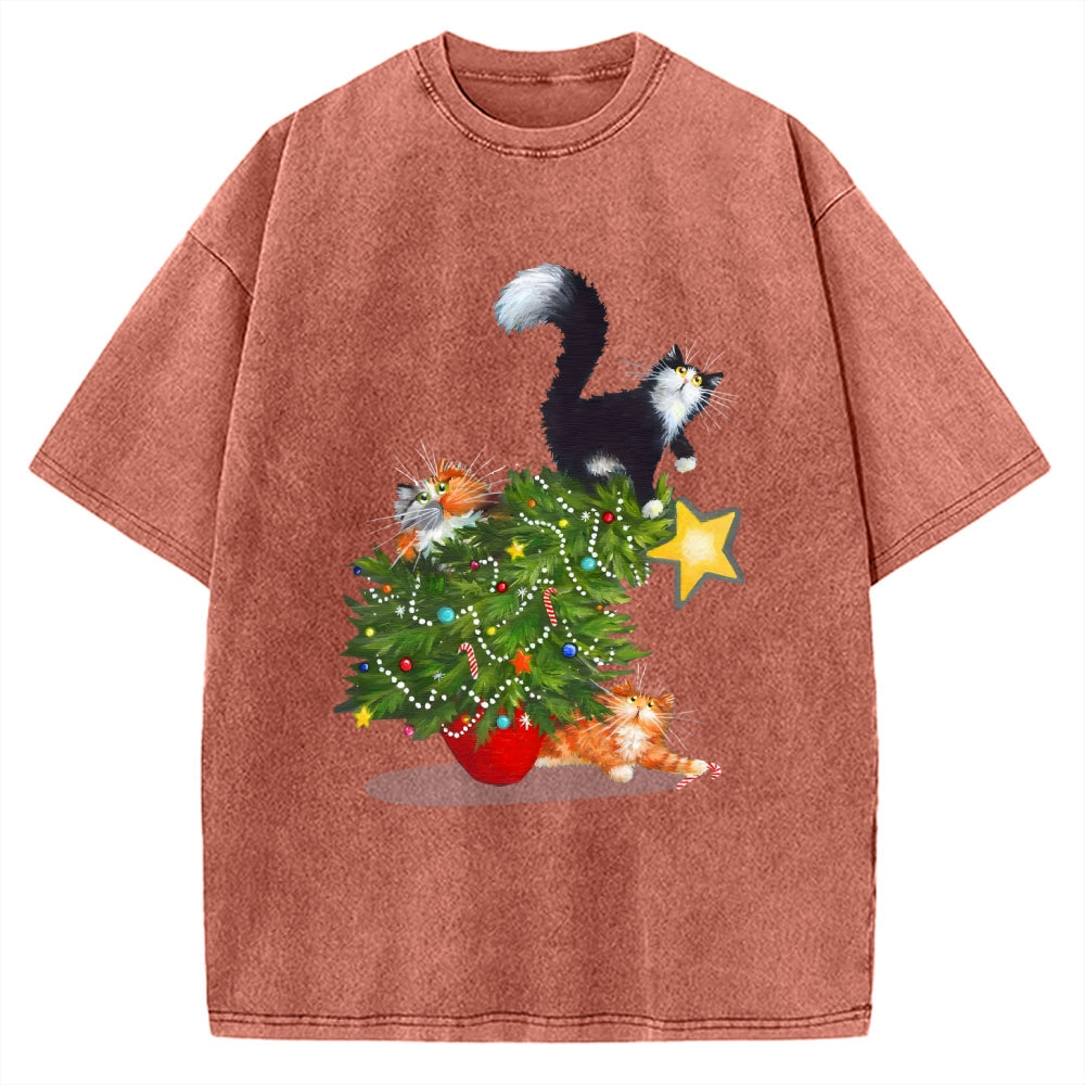 Cat Christmas Funny Vintage Washed T-shirt
