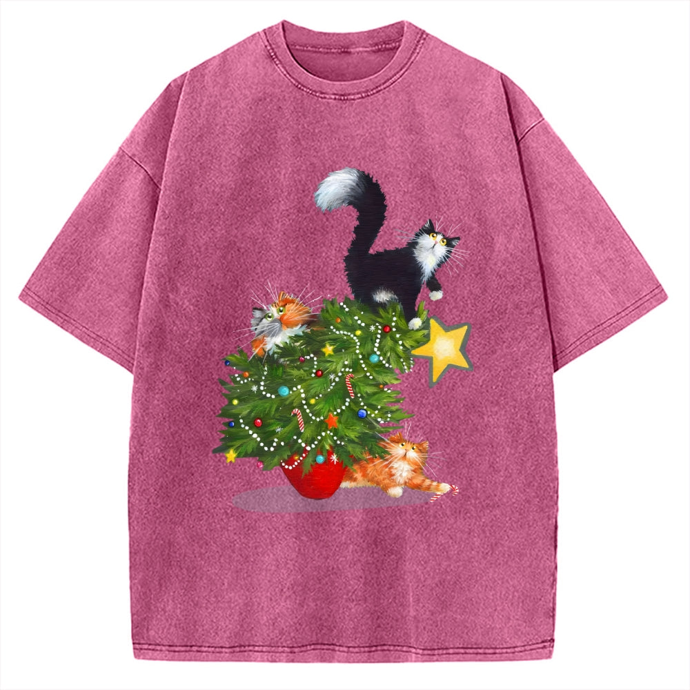 Cat Christmas Funny Vintage Washed T-shirt