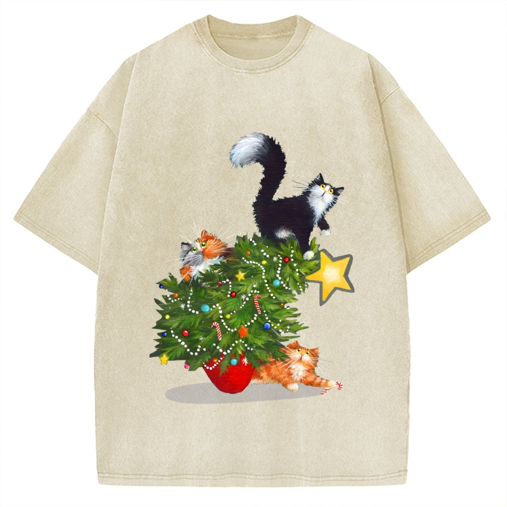 Cat Christmas Funny Vintage Washed T-shirt