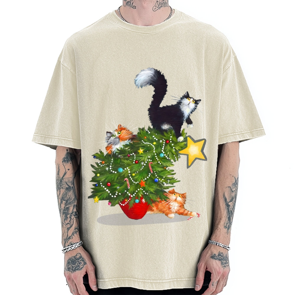 Cat Christmas Funny Vintage Washed T-shirt