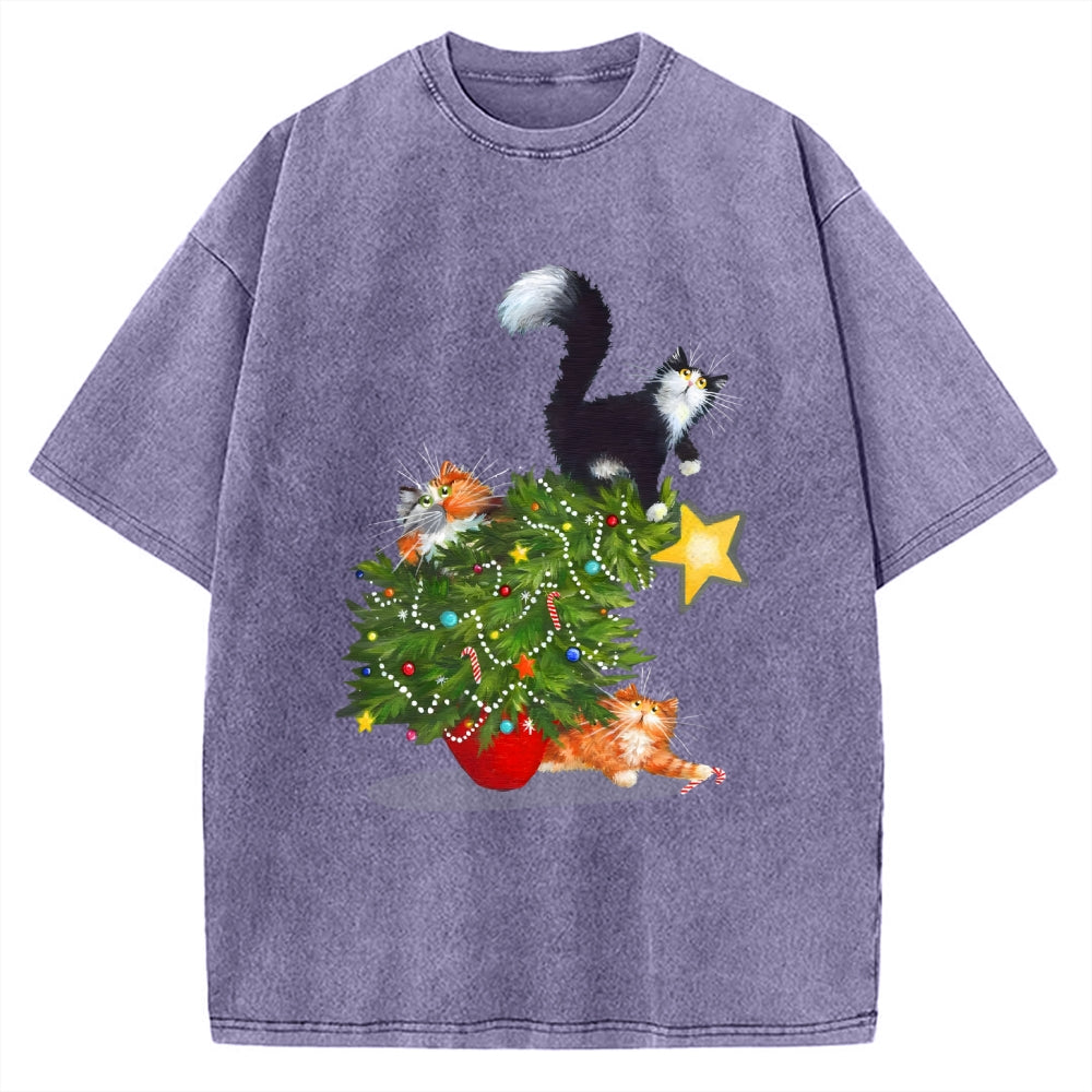 Cat Christmas Funny Vintage Washed T-shirt