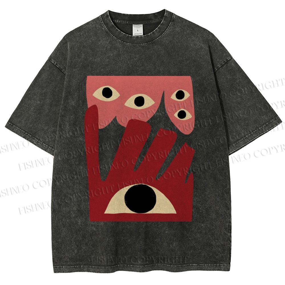 Unisex Geometric Abstract Eyes Printed Washed Tee