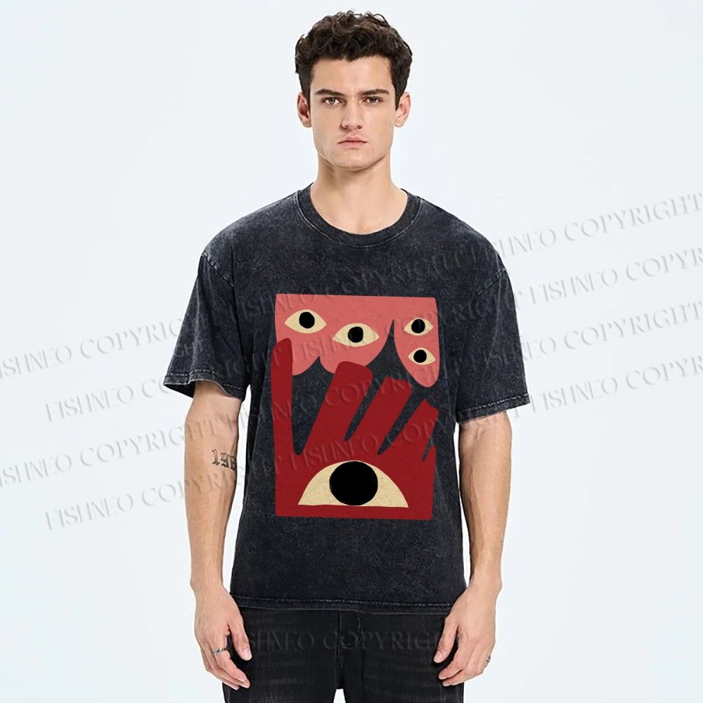 Unisex Geometric Abstract Eyes Printed Washed Tee