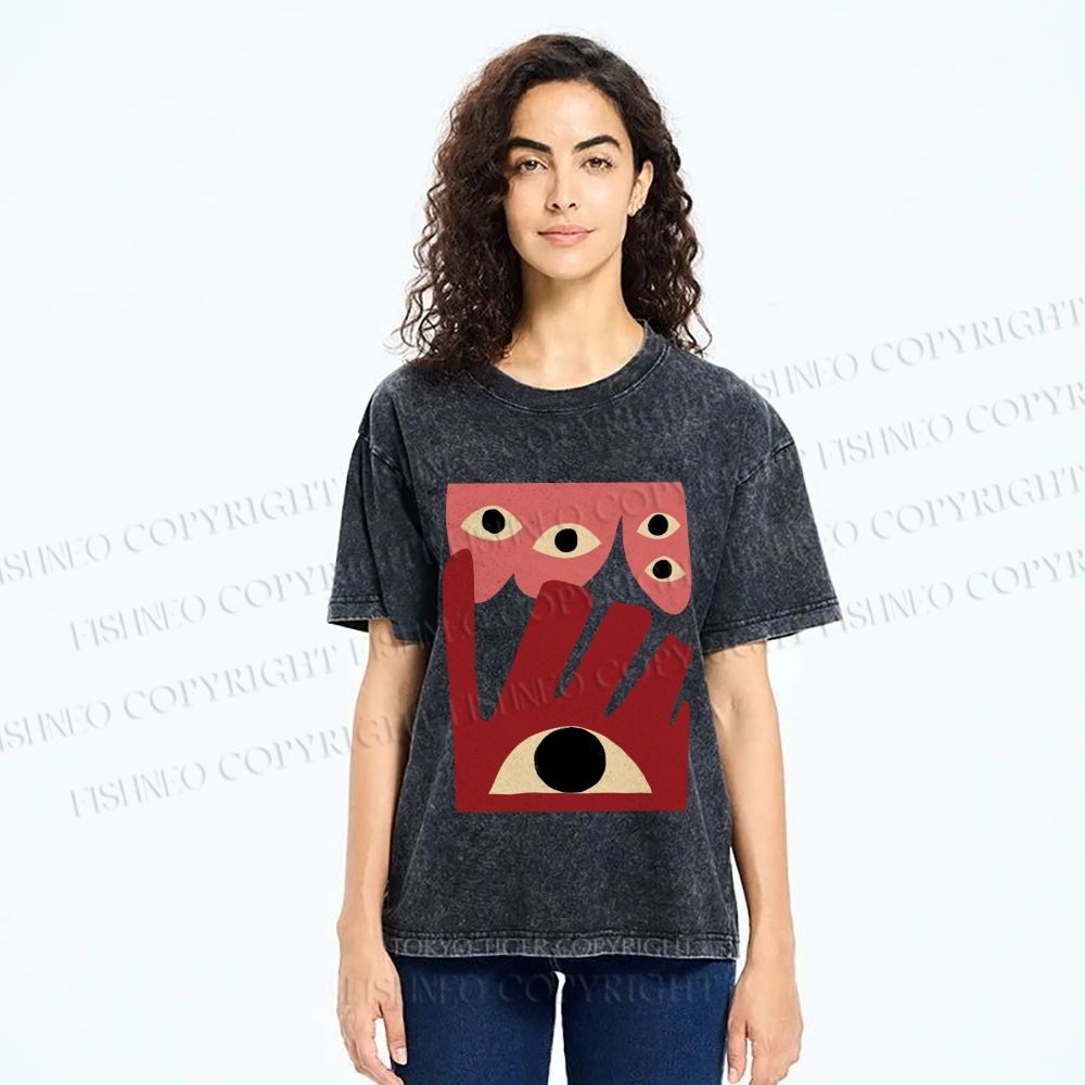 Unisex Geometric Abstract Eyes Printed Washed Tee