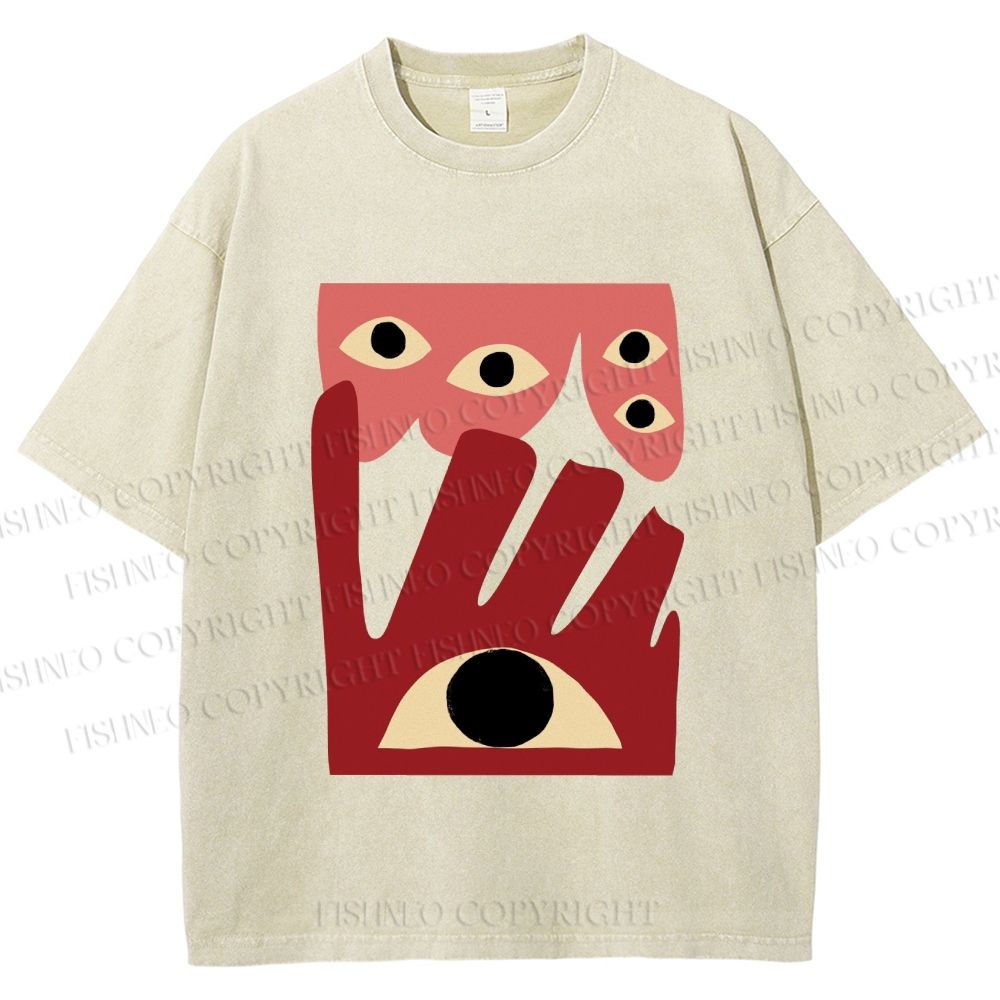 Unisex Geometric Abstract Eyes Printed Washed Tee
