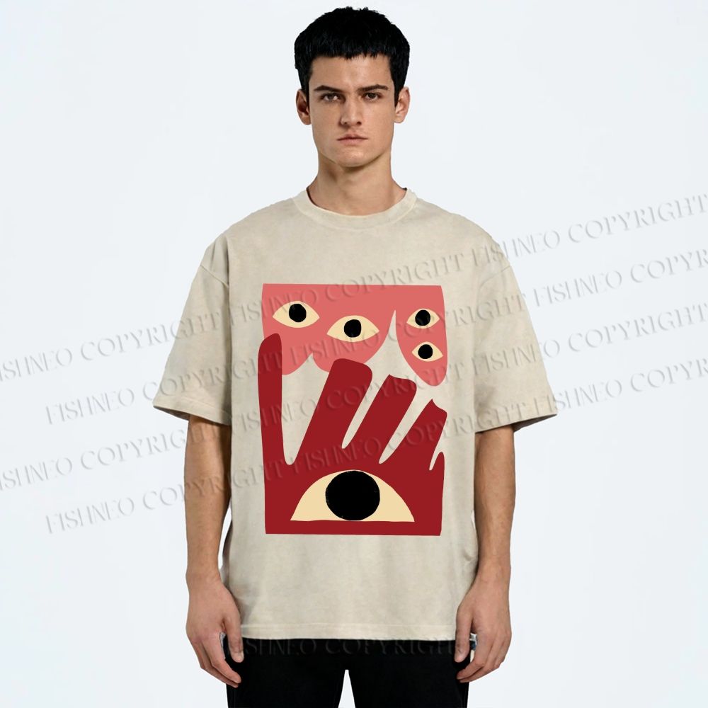 Unisex Geometric Abstract Eyes Printed Washed Tee