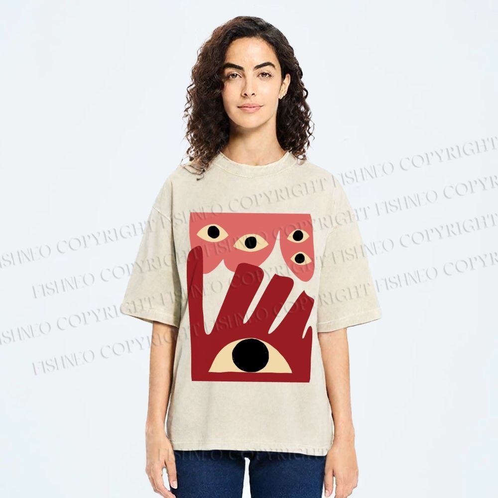 Unisex Geometric Abstract Eyes Printed Washed Tee
