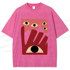 Unisex Geometric Abstract Eyes Printed Washed Tee
