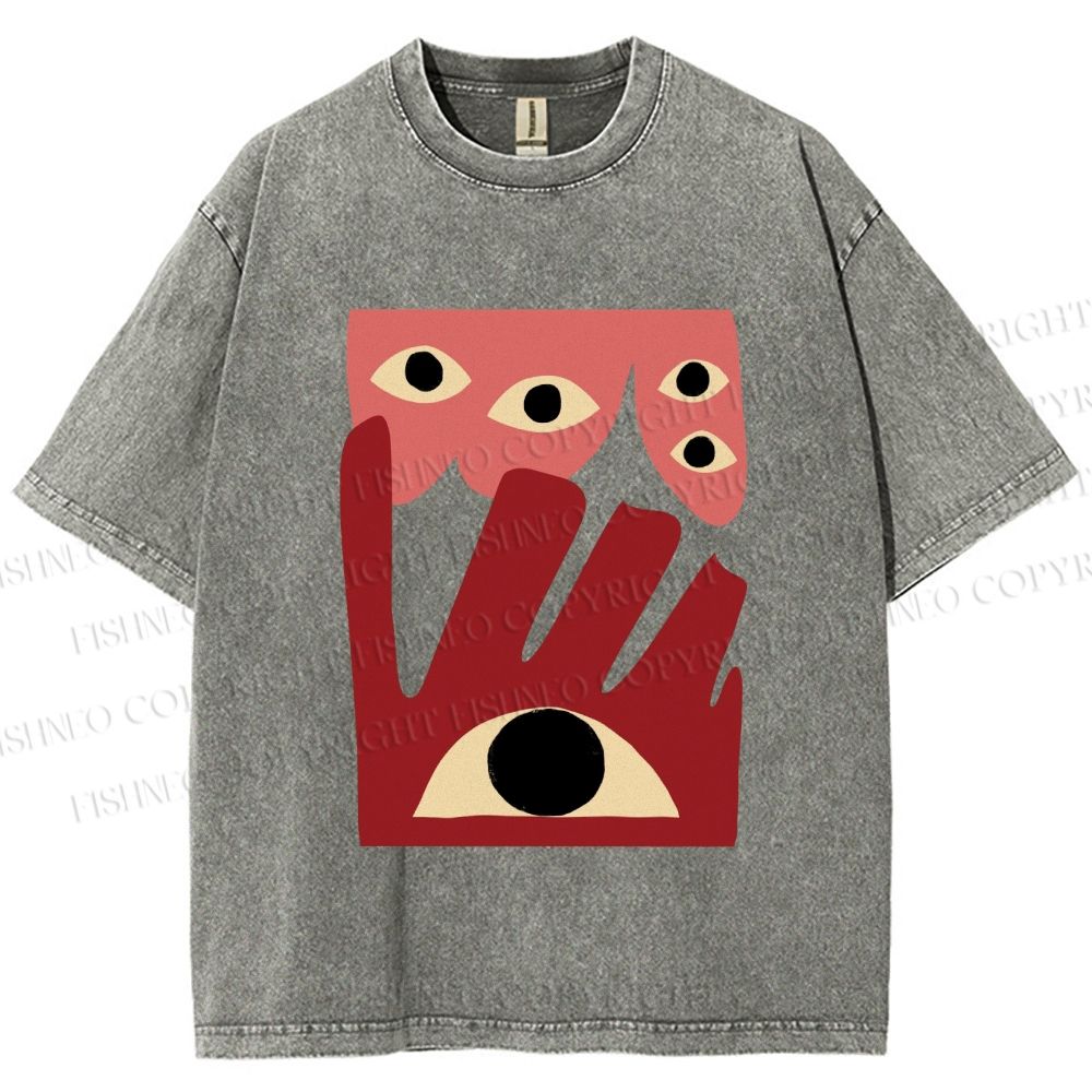Unisex Geometric Abstract Eyes Printed Washed Tee