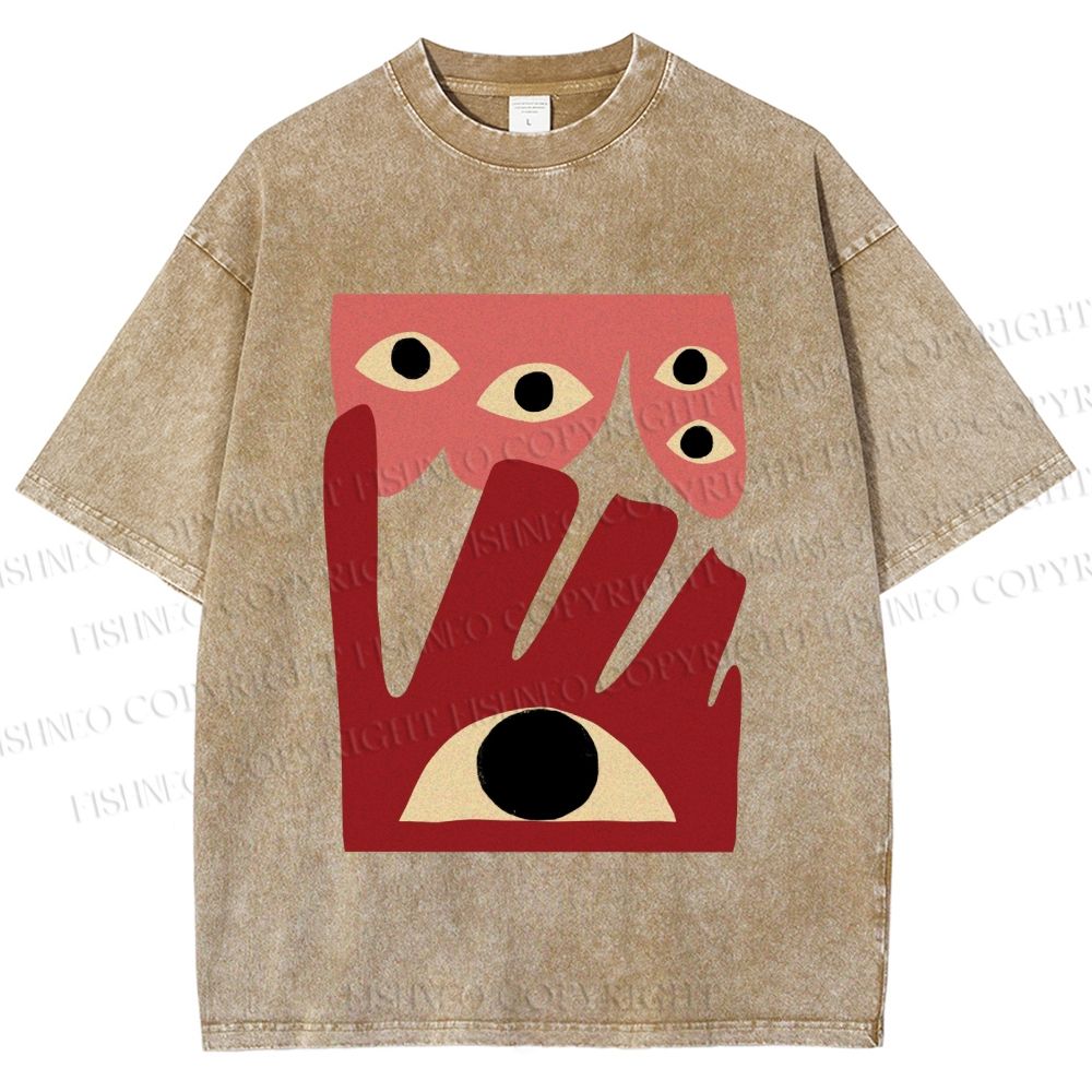 Unisex Geometric Abstract Eyes Printed Washed Tee