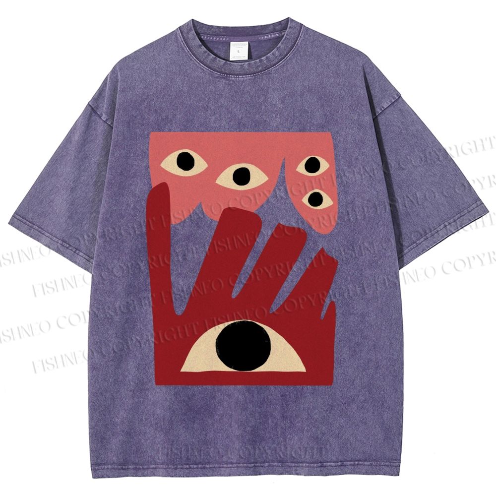 Unisex Geometric Abstract Eyes Printed Washed Tee