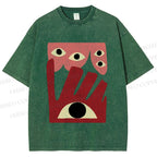 Unisex Geometric Abstract Eyes Printed Washed Tee
