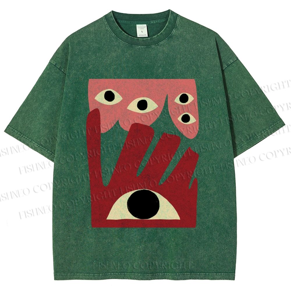 Unisex Geometric Abstract Eyes Printed Washed Tee