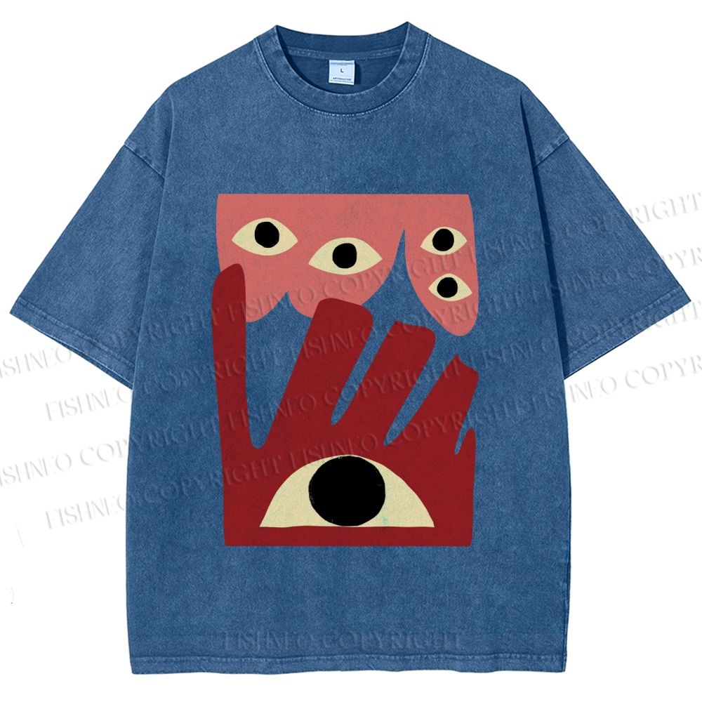 Unisex Geometric Abstract Eyes Printed Washed Tee
