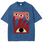 Unisex Geometric Abstract Eyes Printed Washed Tee