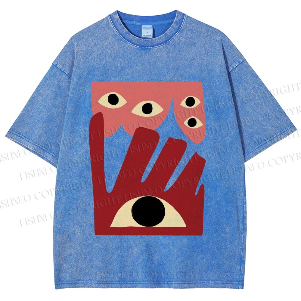 Unisex Geometric Abstract Eyes Printed Washed Tee