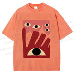 Unisex Geometric Abstract Eyes Printed Washed Tee