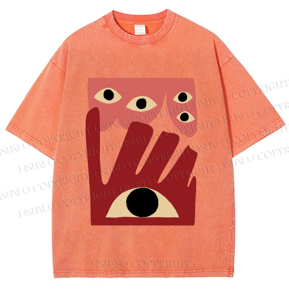 Unisex Geometric Abstract Eyes Printed Washed Tee