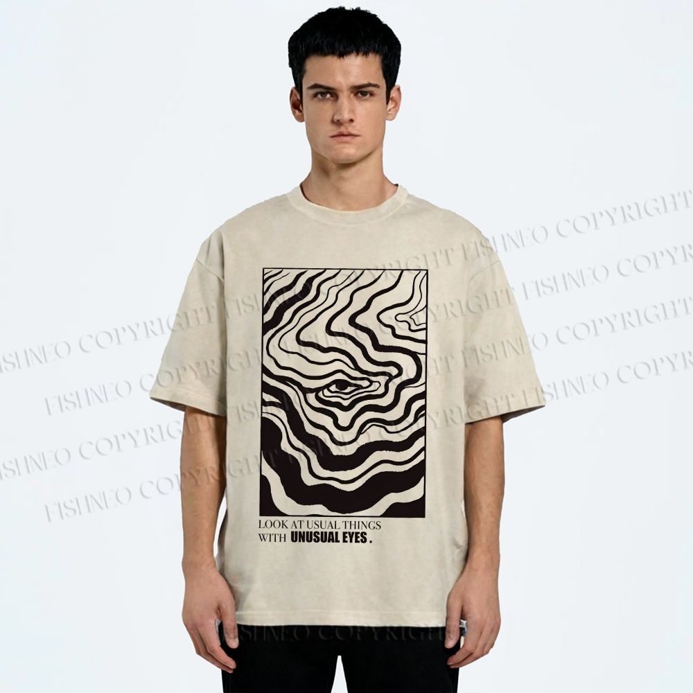 Unisex Abstract Wave Eyes Printed Washed Tee