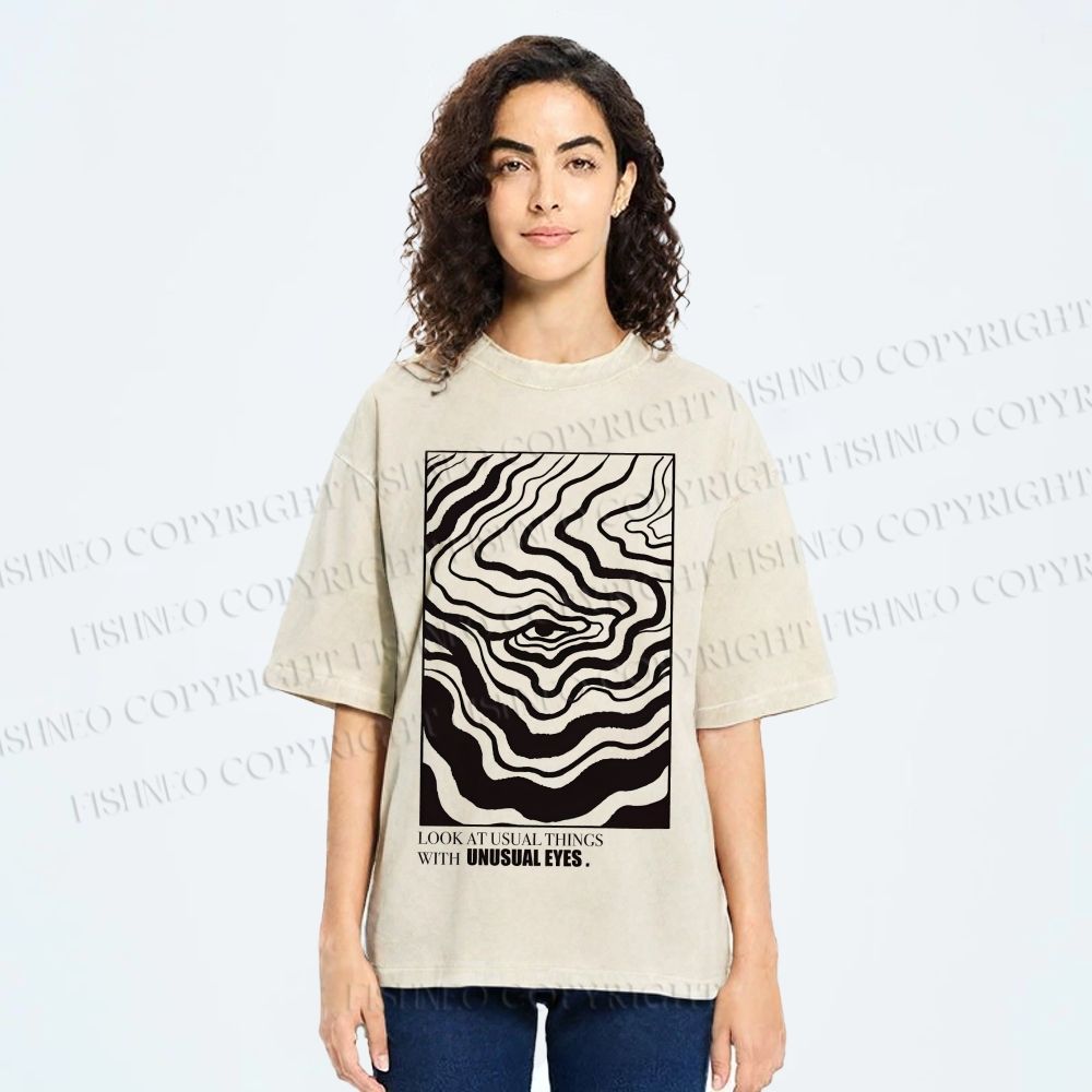 Unisex Abstract Wave Eyes Printed Washed Tee