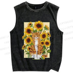 Unisex Cat in Sunflower Printed Washed Tank Top
