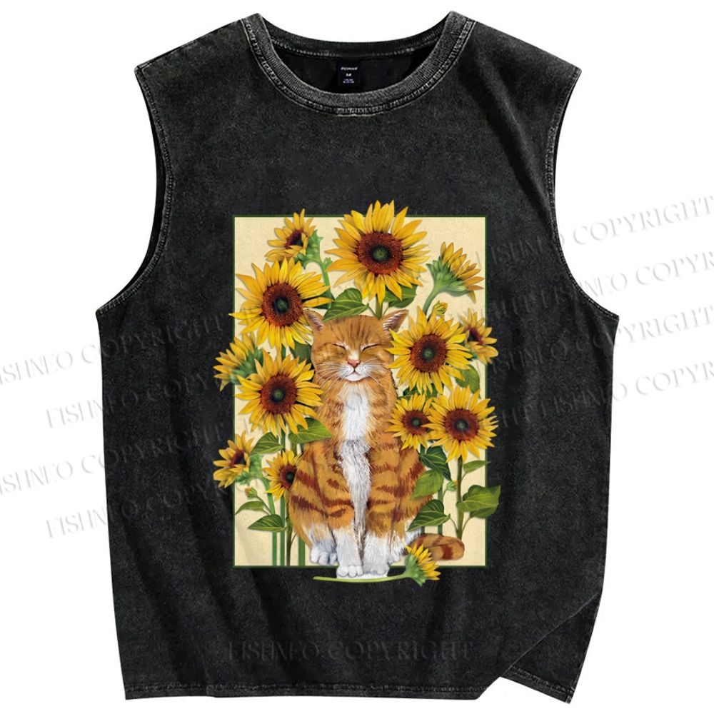 Unisex Cat in Sunflower Printed Washed Tank Top