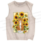 Unisex Cat in Sunflower Printed Washed Tank Top