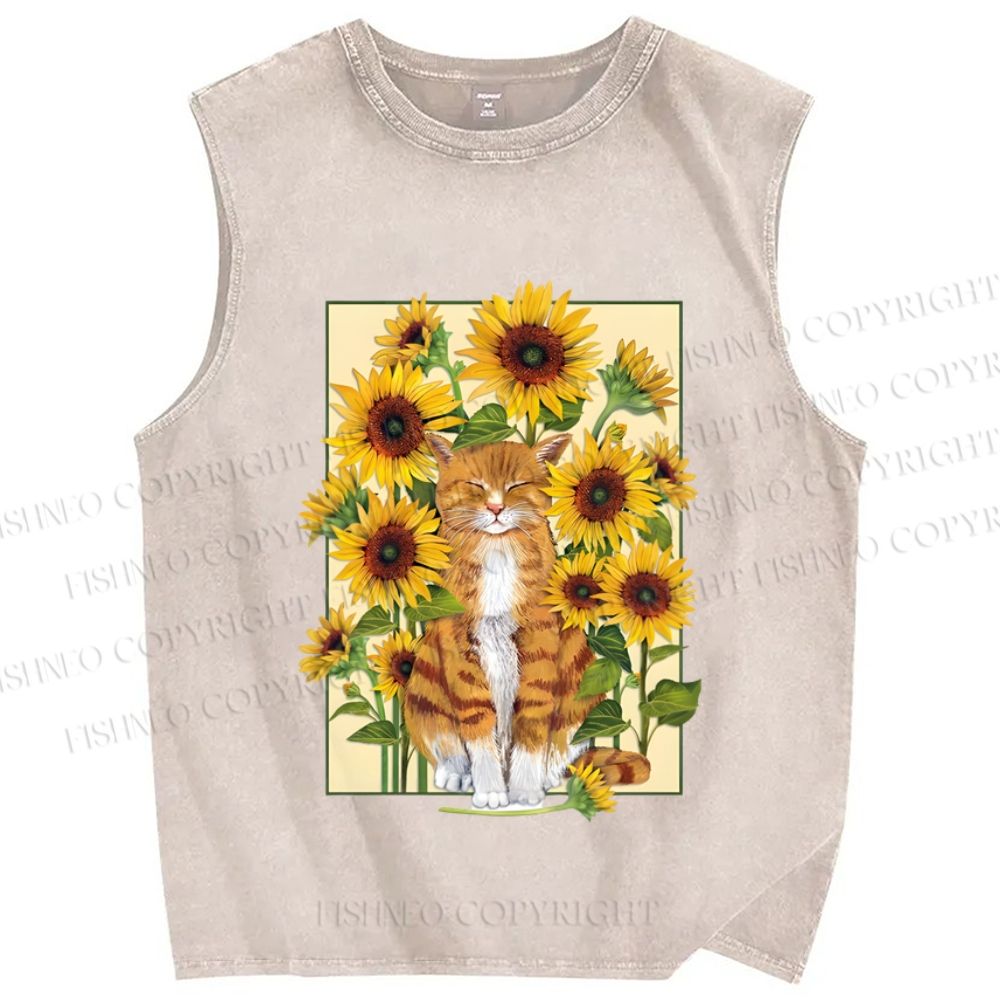 Unisex Cat in Sunflower Printed Washed Tank Top