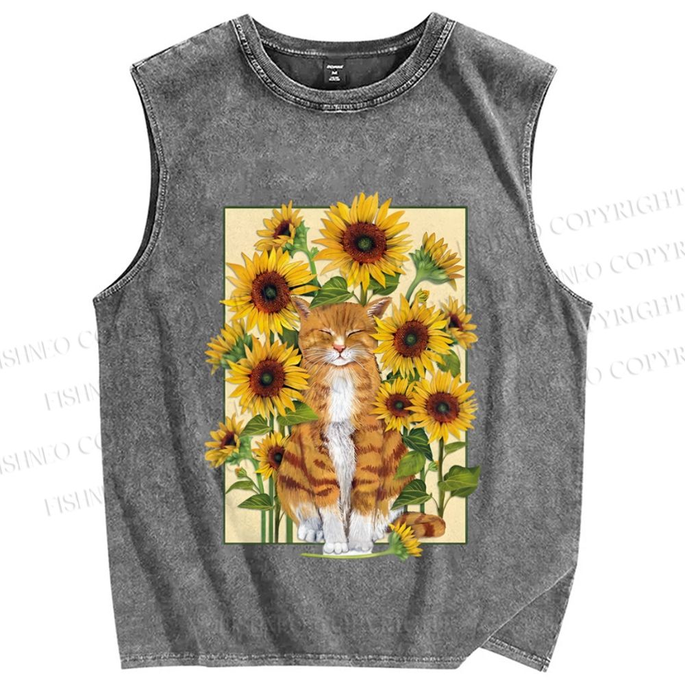 Unisex Cat in Sunflower Printed Washed Tank Top