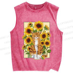 Unisex Cat in Sunflower Printed Washed Tank Top
