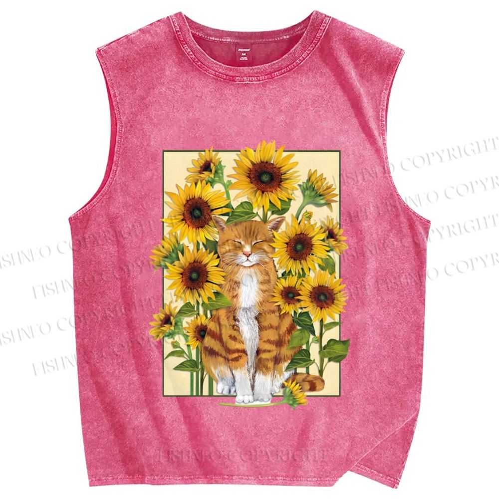 Unisex Cat in Sunflower Printed Washed Tank Top