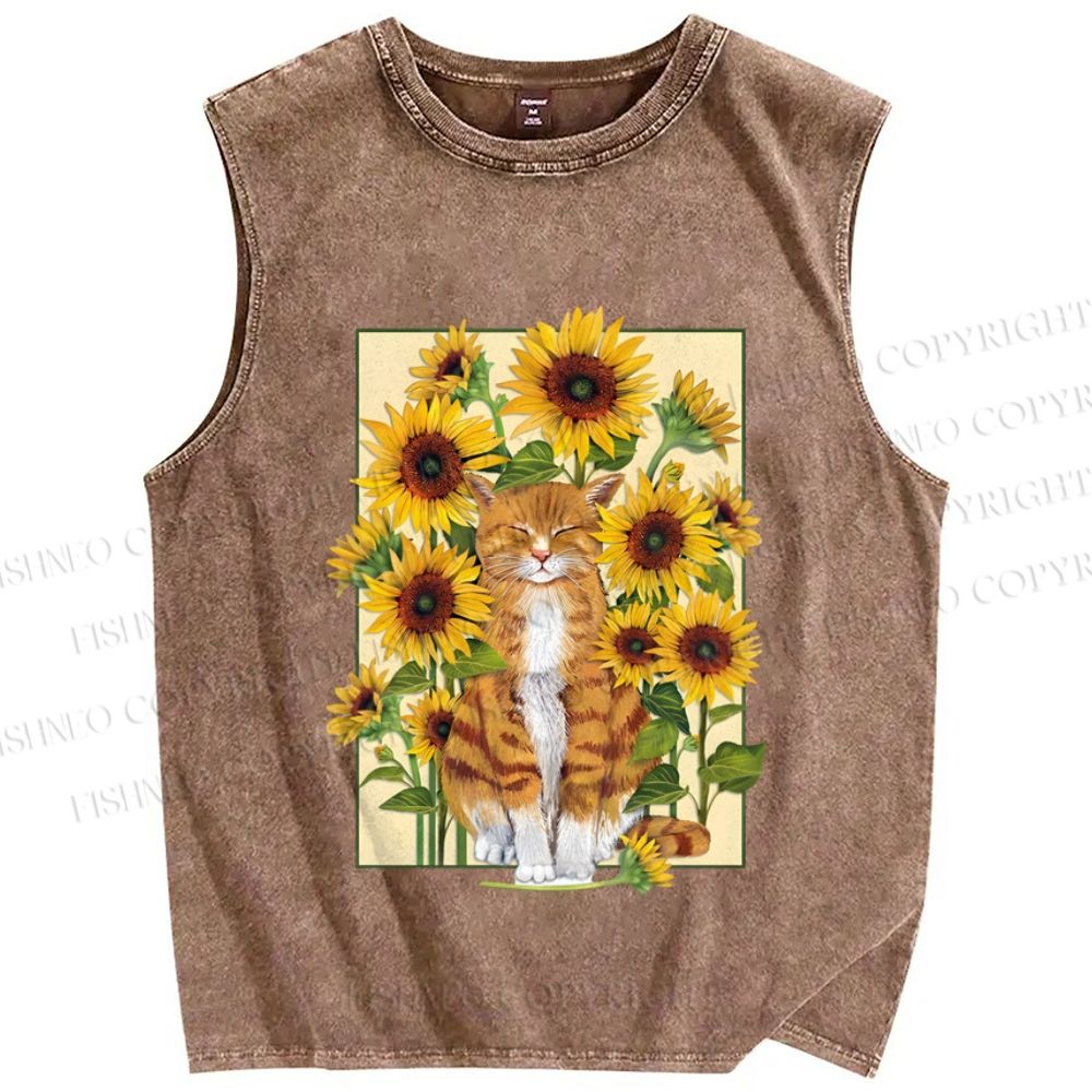 Unisex Cat in Sunflower Printed Washed Tank Top