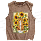 Unisex Cat in Sunflower Printed Washed Tank Top