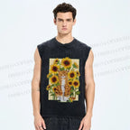 Unisex Cat in Sunflower Printed Washed Tank Top