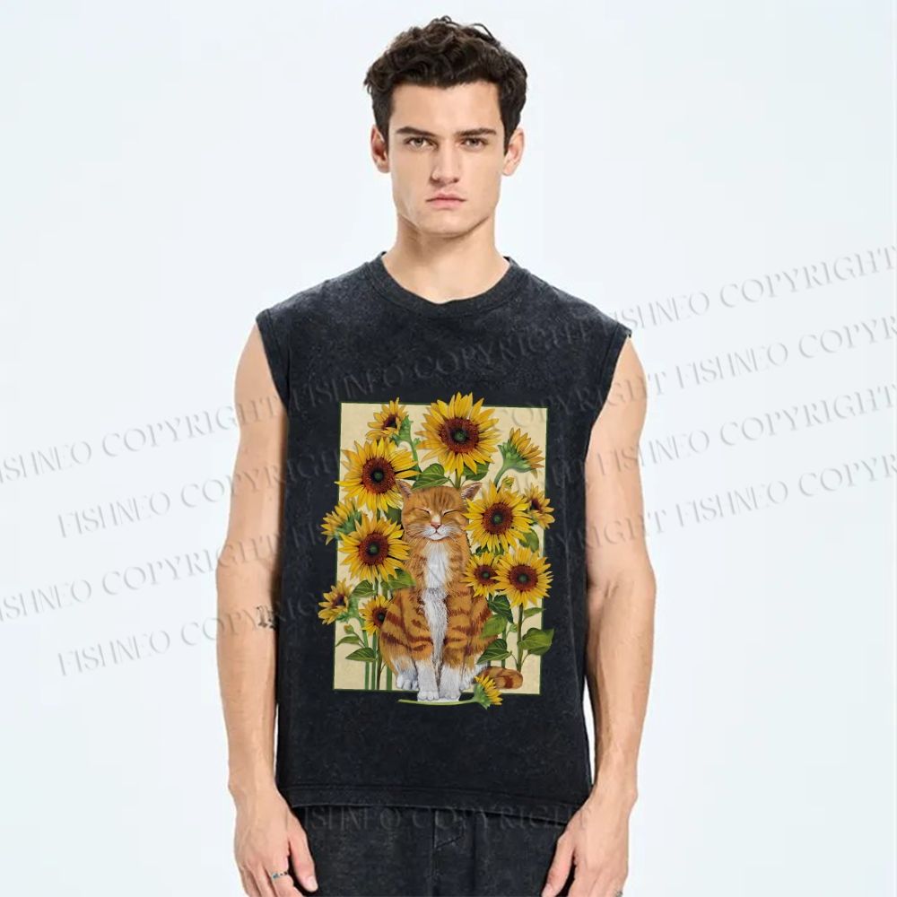 Unisex Cat in Sunflower Printed Washed Tank Top