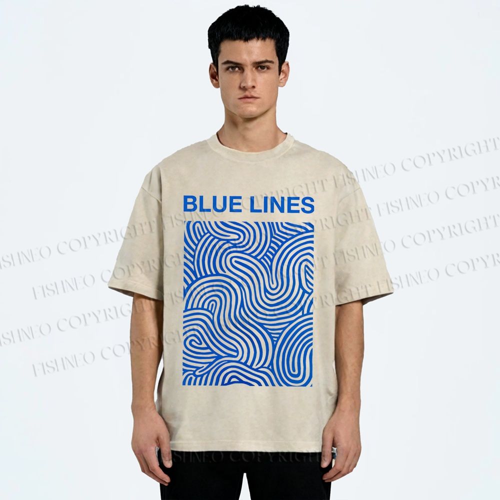 Unisex Blue Lines Printed Washed Tee