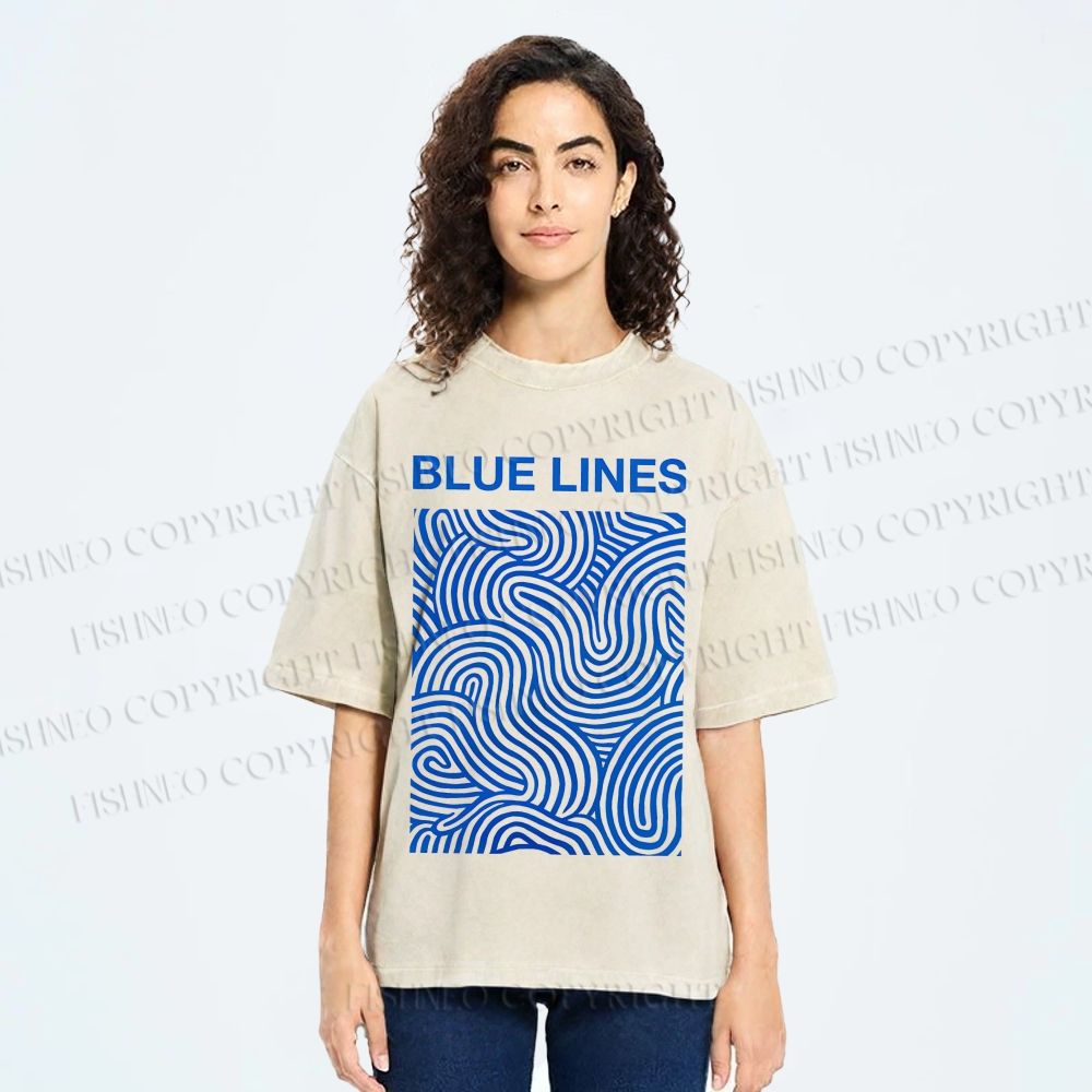 Unisex Blue Lines Printed Washed Tee