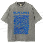 Unisex Blue Lines Printed Washed Tee