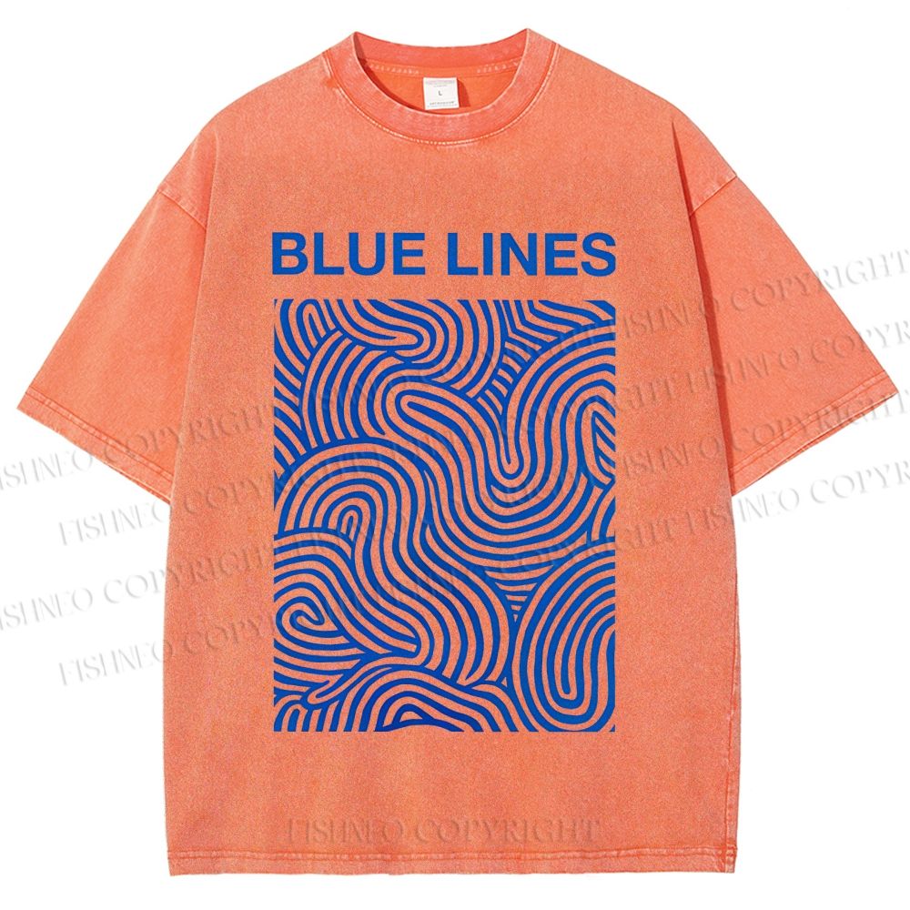 Unisex Blue Lines Printed Washed Tee